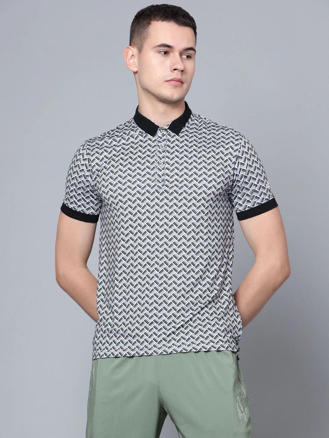 Tessellation printed Grey Black polo t shirt for men by Shiv Naresh