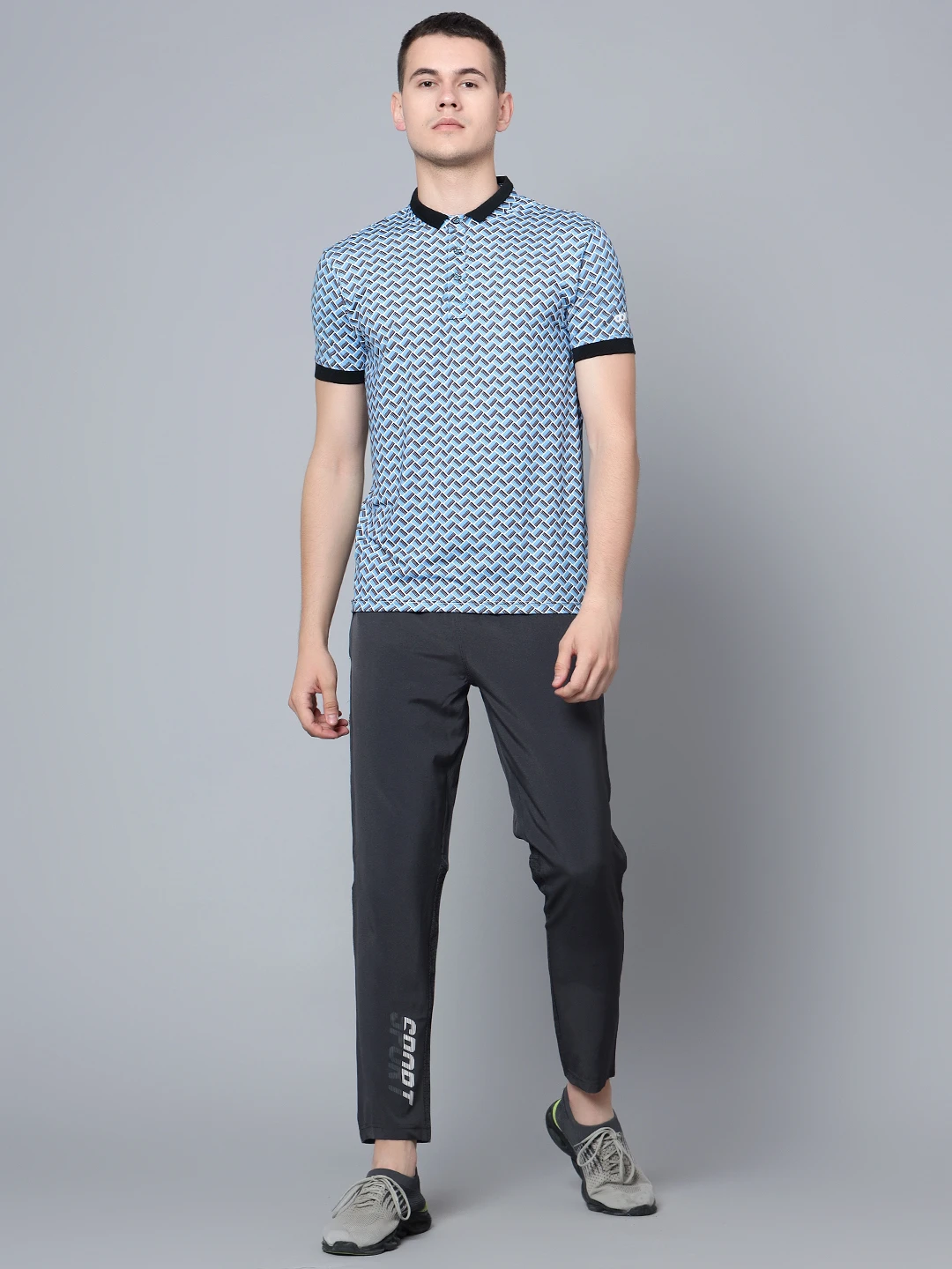 Tessellation printed Cyan black polo t shirt for men by Shiv Naresh