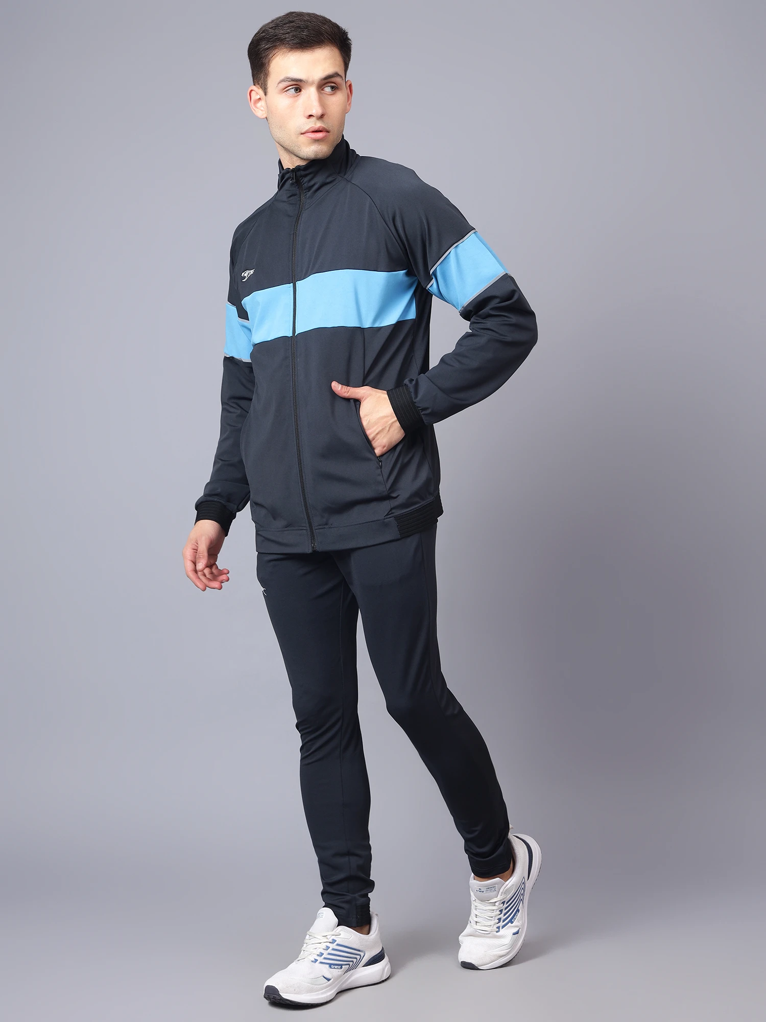 Men's tracksuit in navy blue and cyan by Shiv Naresh