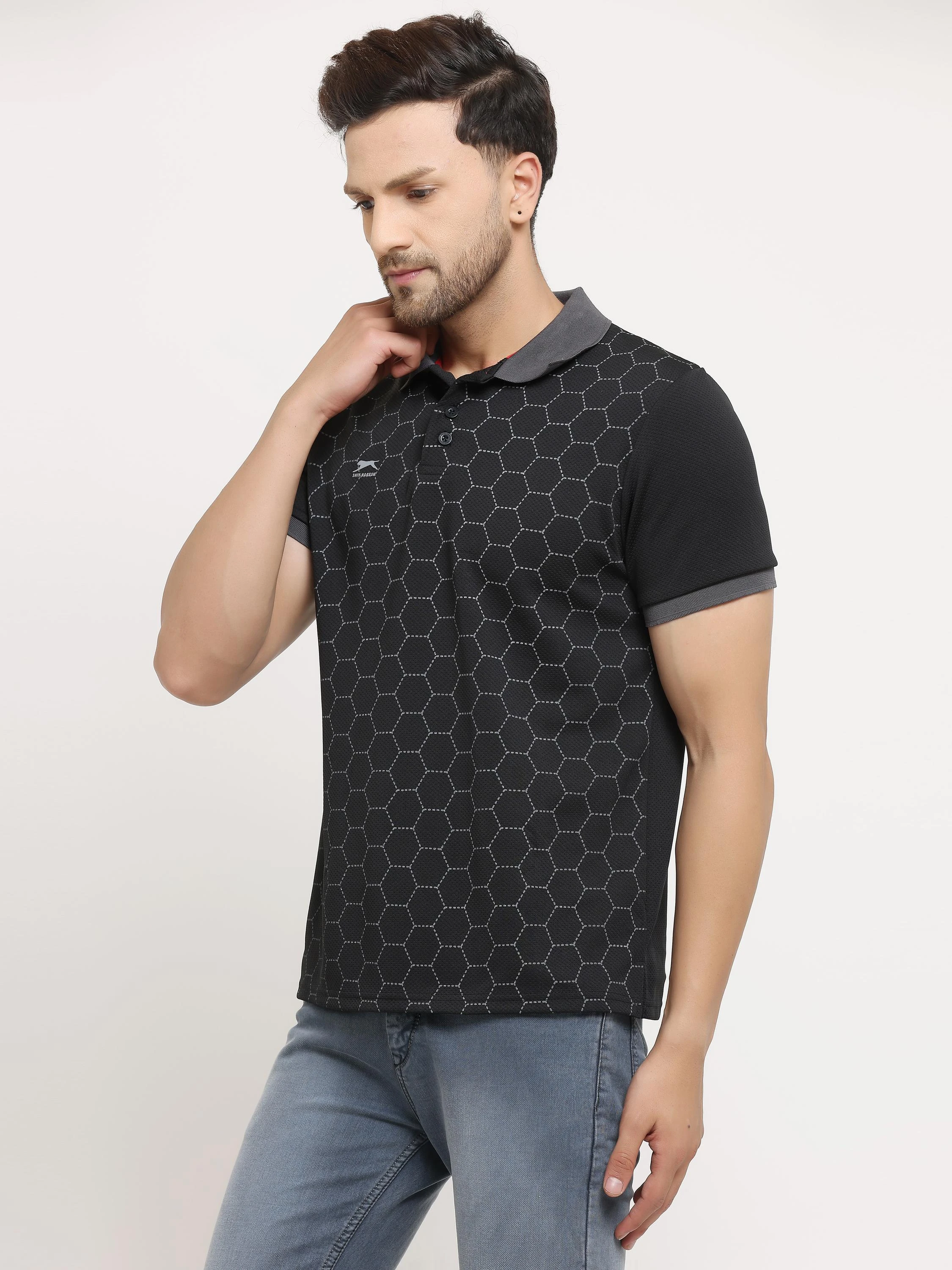 Tessellation black quick-dry sports polo shirt for men - Shiv Naresh