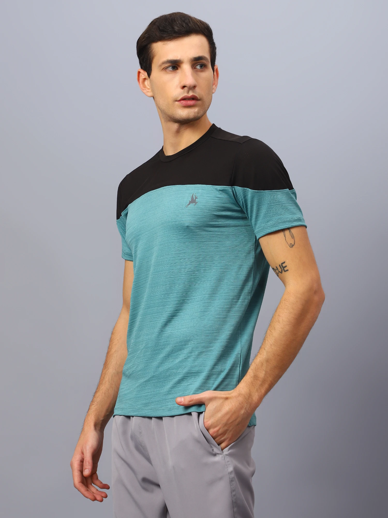 Durabreeze teal black quick-dry sports t shirt for men by Shiv Naresh