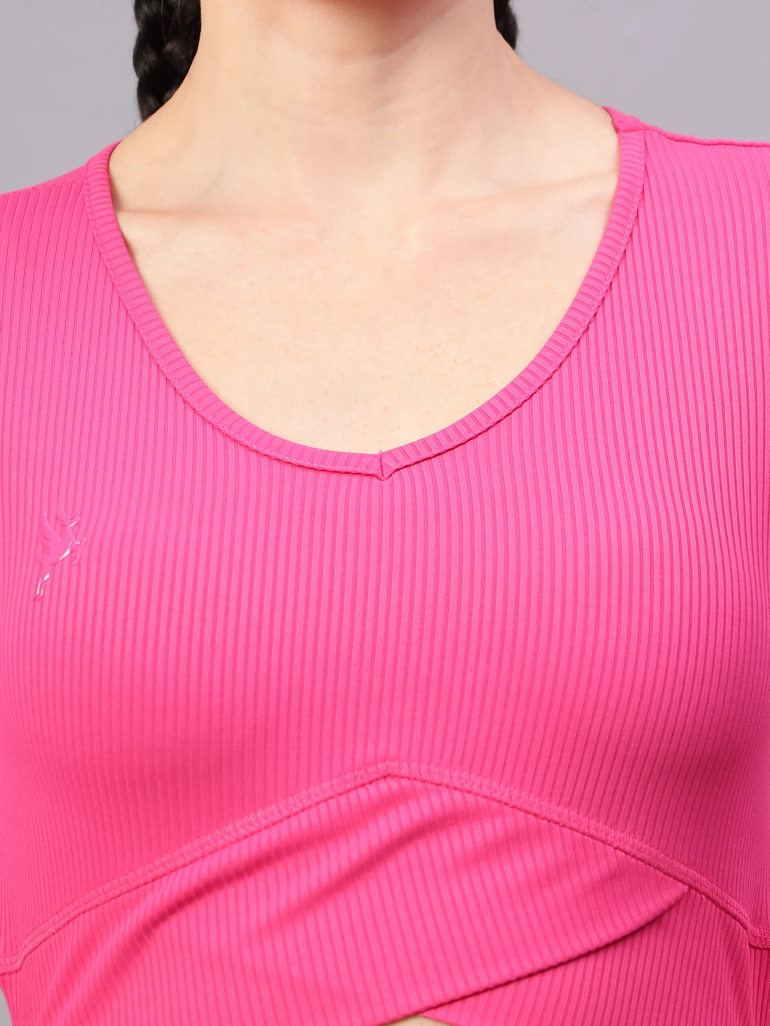 Fuchsia Pink Ribbed Crop Top with Full Sleeves for Women by Shivnaresh