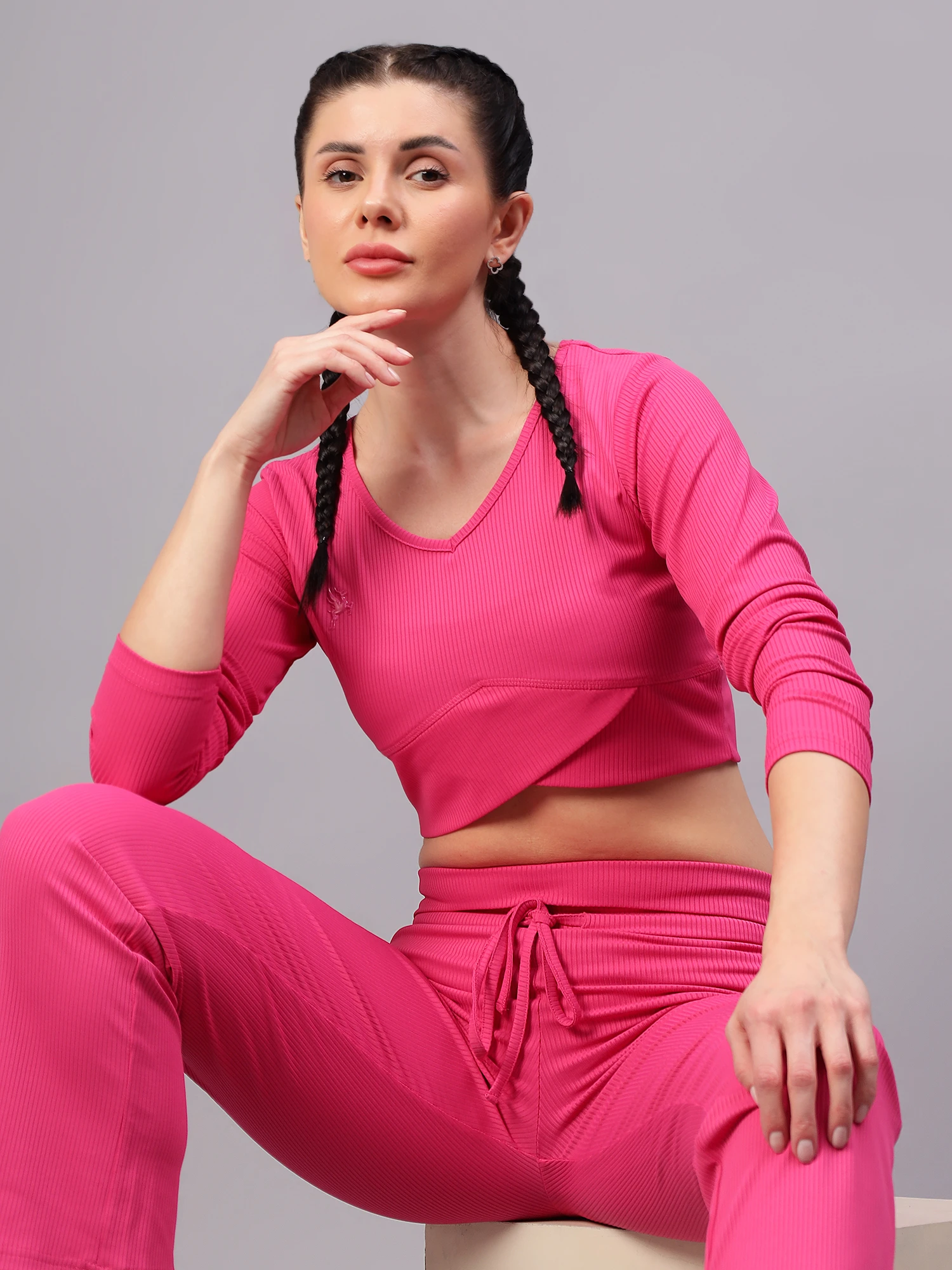 Fuchsia Pink Ribbed Crop Top with Full Sleeves for Women by Shivnaresh