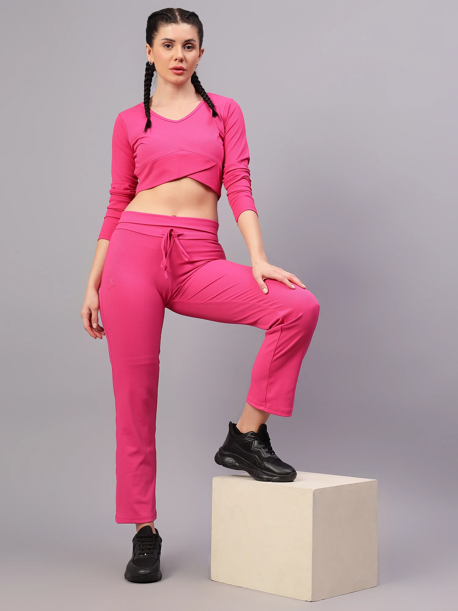 Fuchsia Pink Ribbed Crop Top with Full Sleeves for Women by Shivnaresh