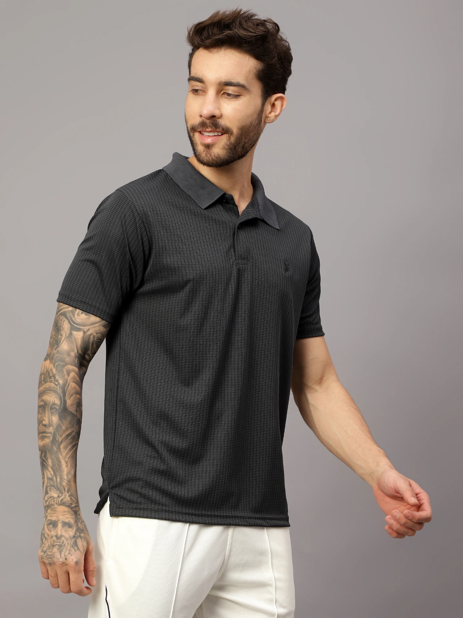 Textured grey sports polo t-shirt for men by Shiv Naresh
