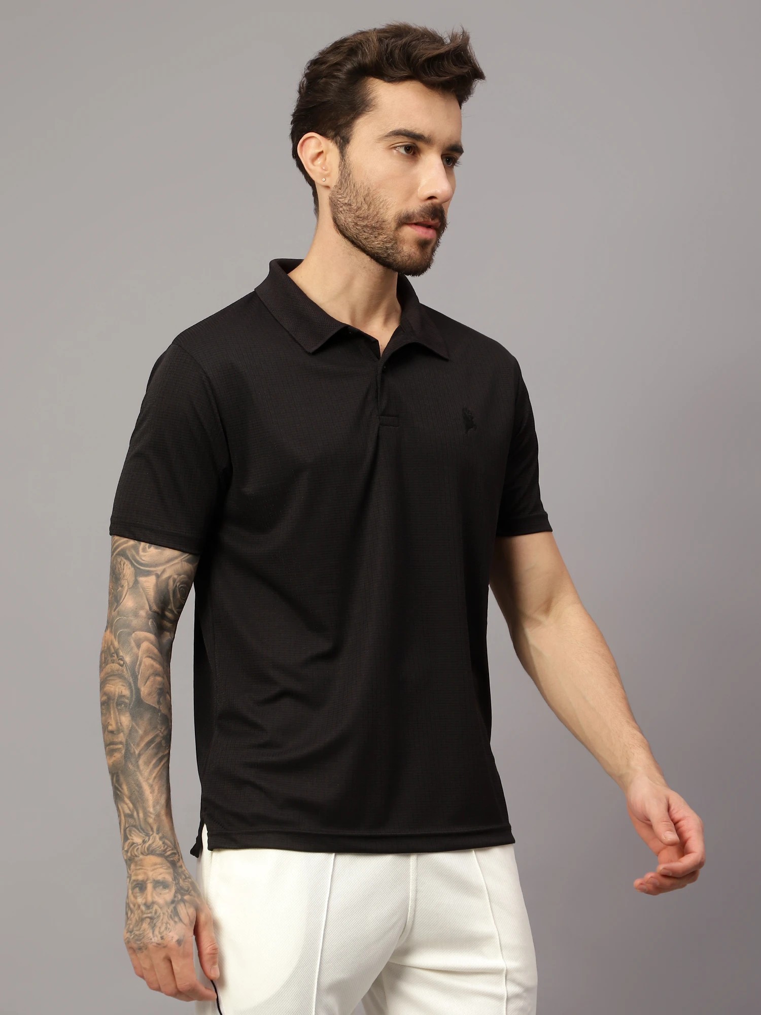 textured Black polo t shirt by Shiv Naresh
