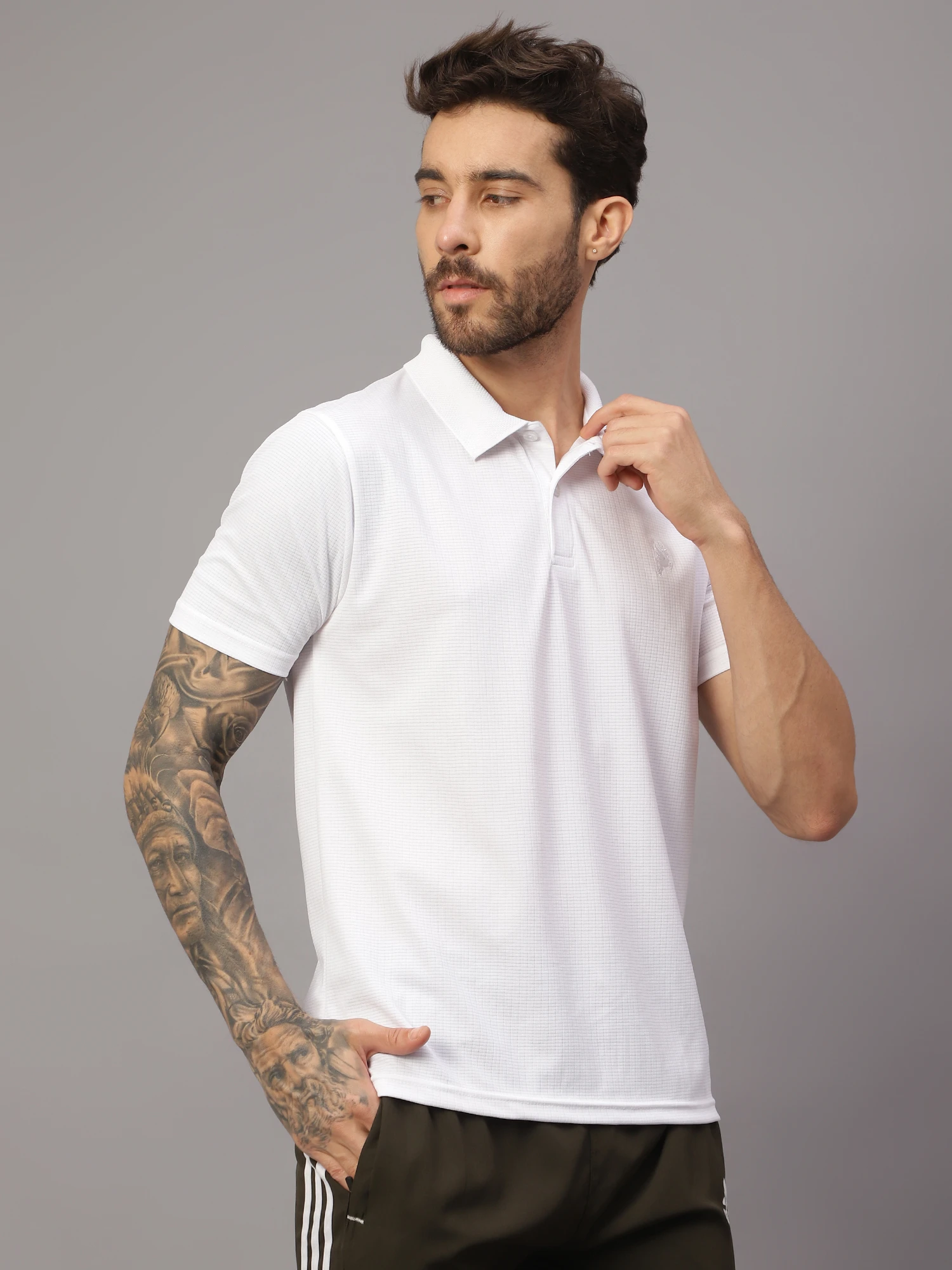 textured White polo t shirt for men by Shiv Naresh