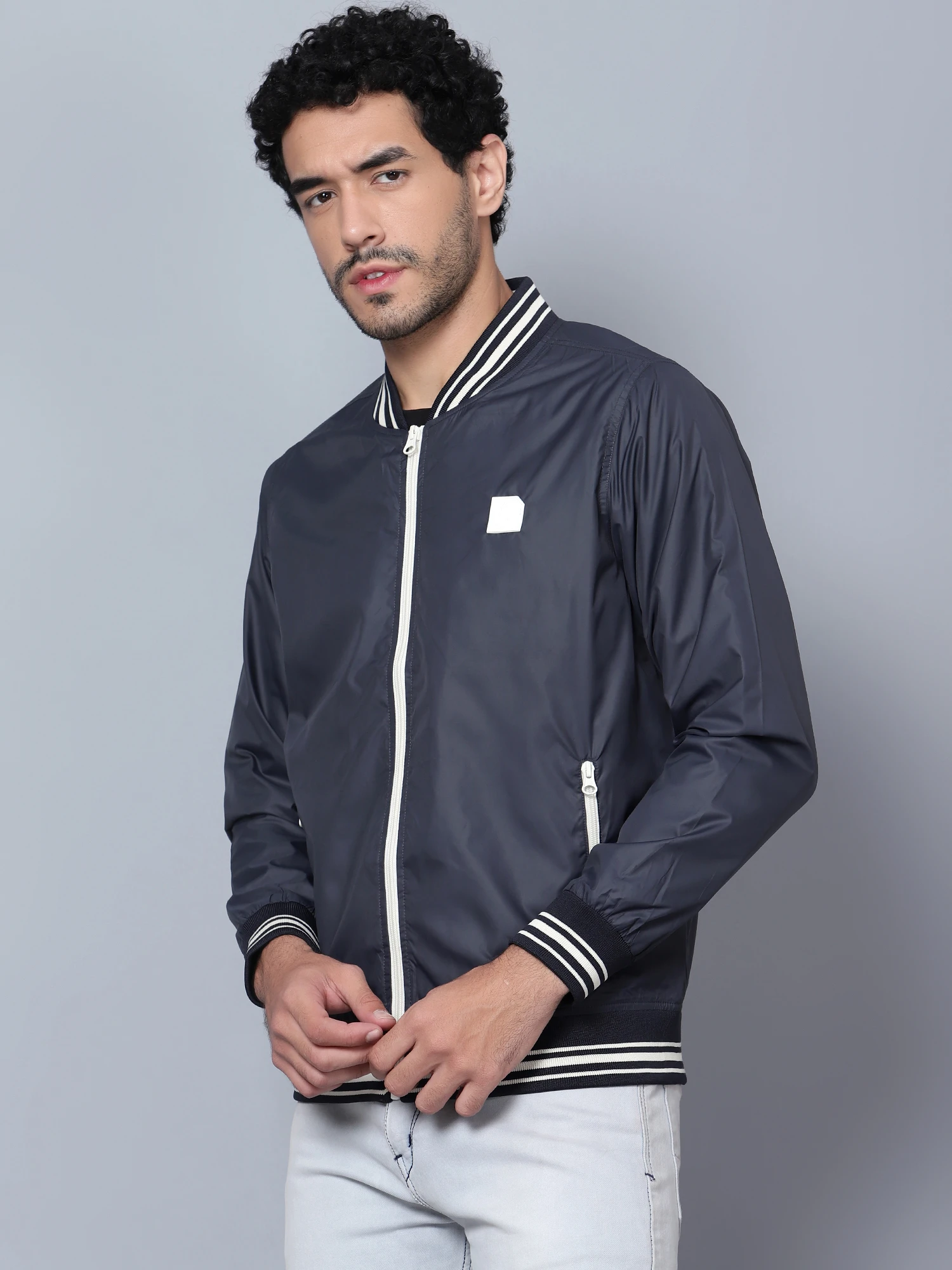 Men's Navy Blue Bomber Jacket Shiv Naresh
