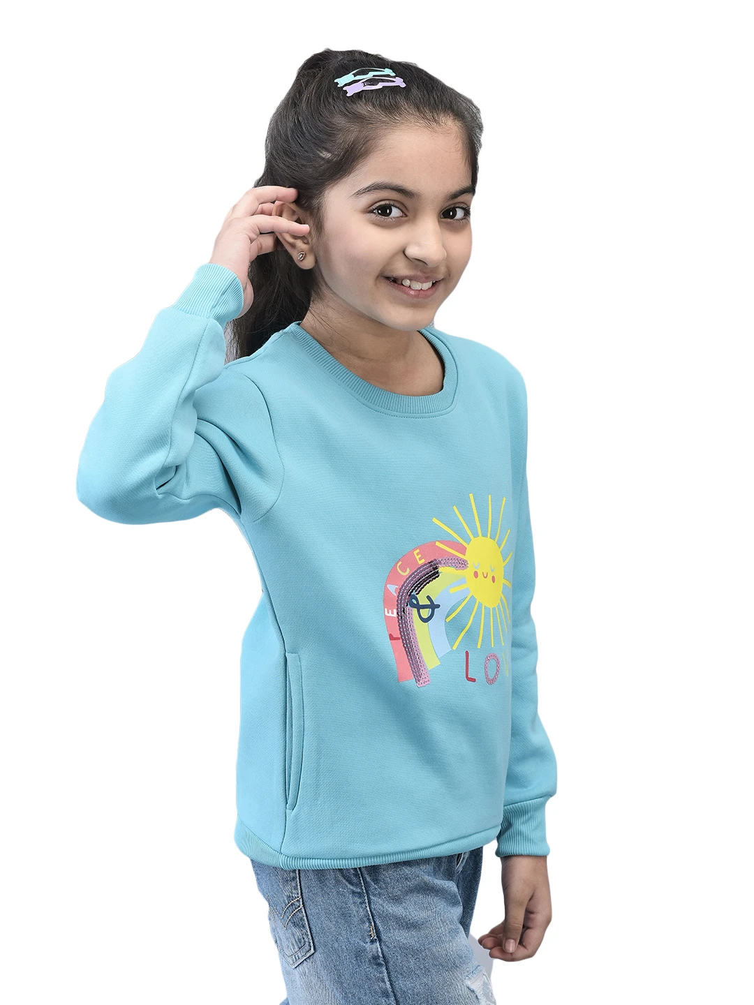 Girls Sunshine Sweatshirt Aqua Blue by Shiv Naresh