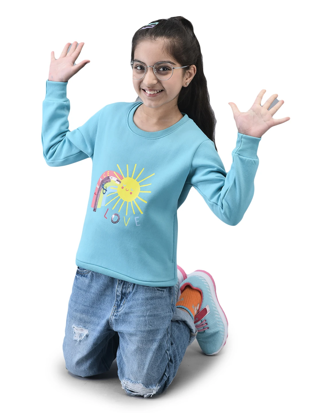 Girls Sunshine Sweatshirt Aqua Blue by Shiv Naresh