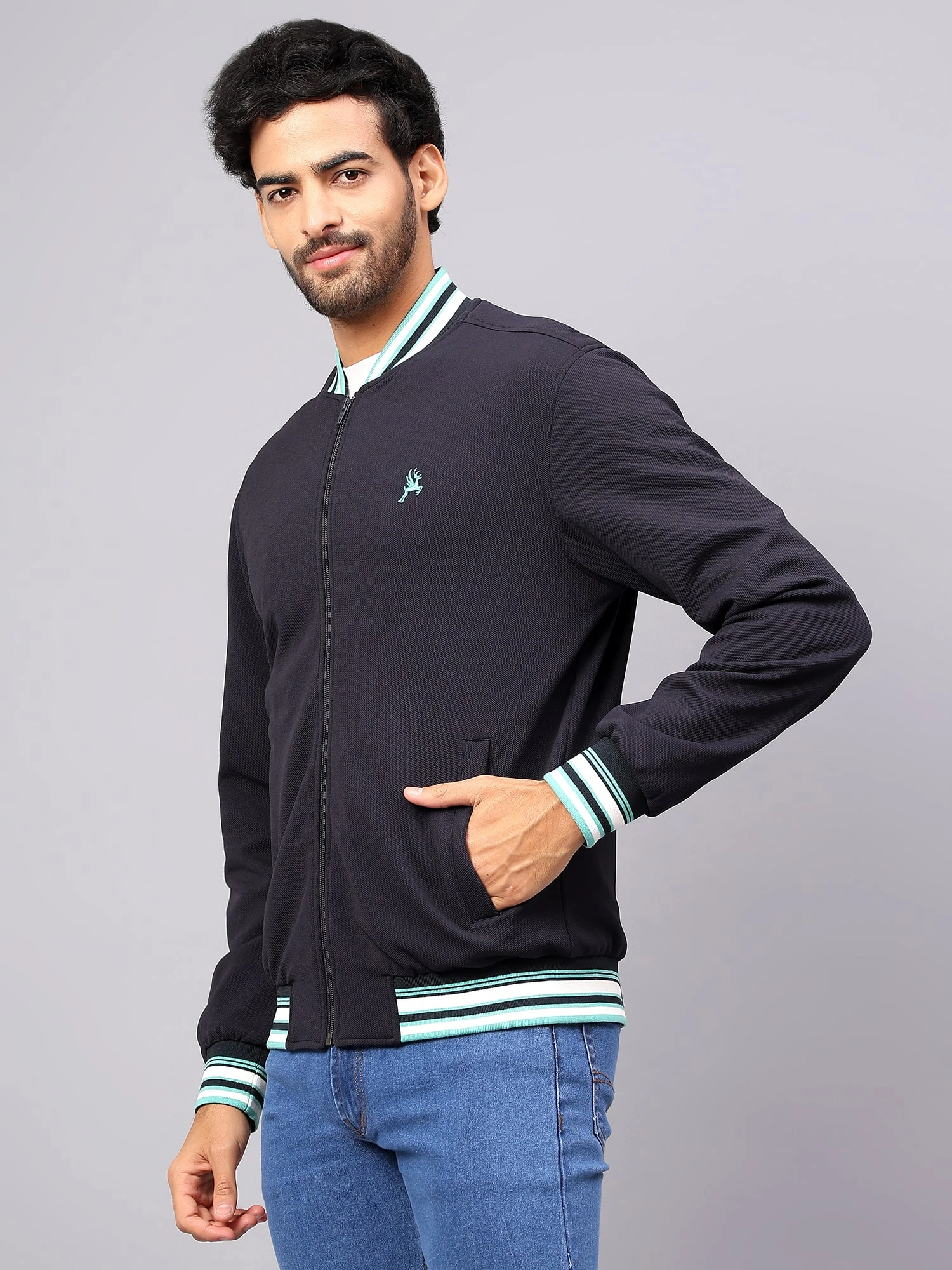 Men's Navy Blue Bomber Jacket Shiv Naresh