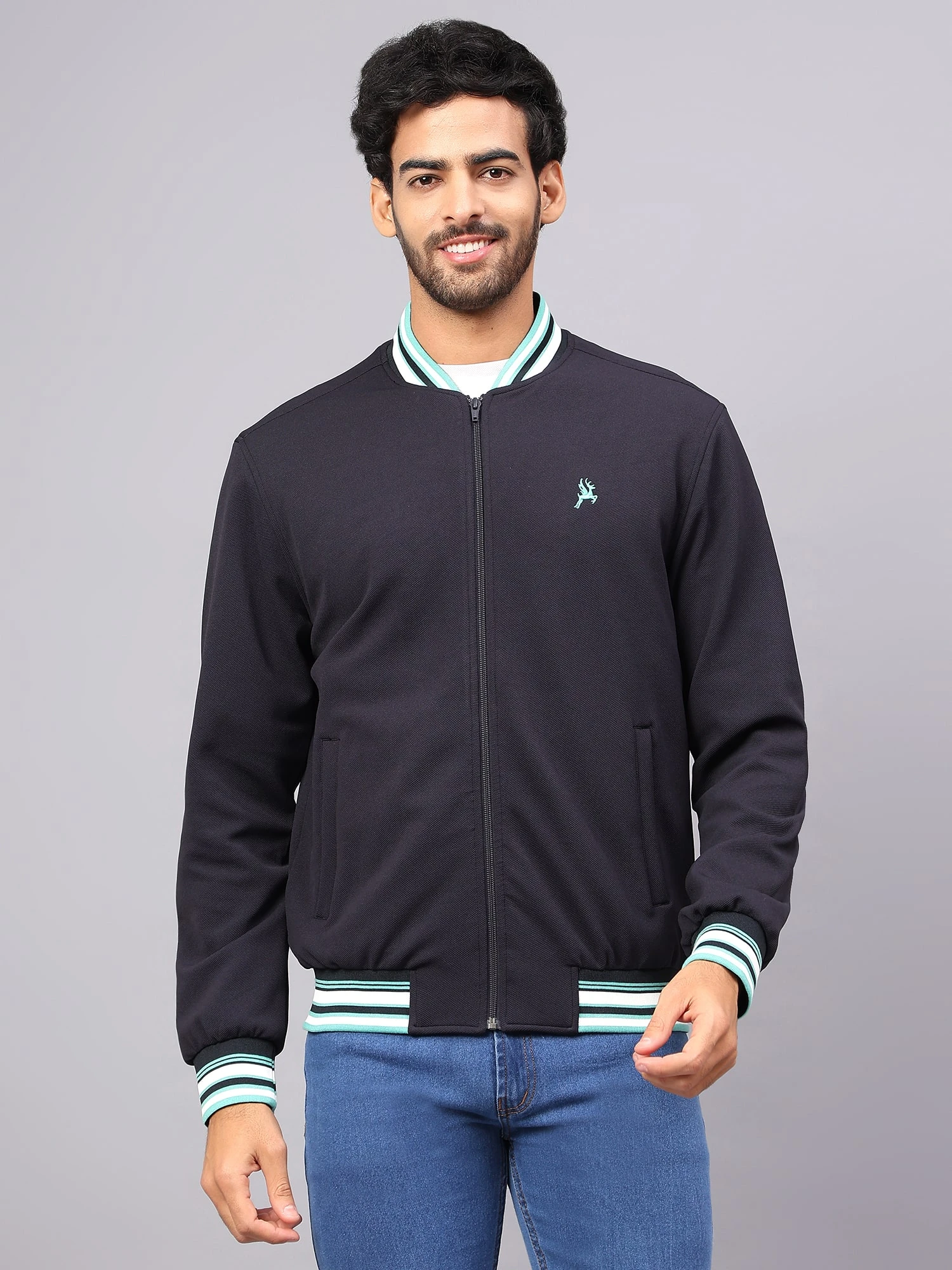 Men's Navy Blue Bomber Jacket Shiv Naresh
