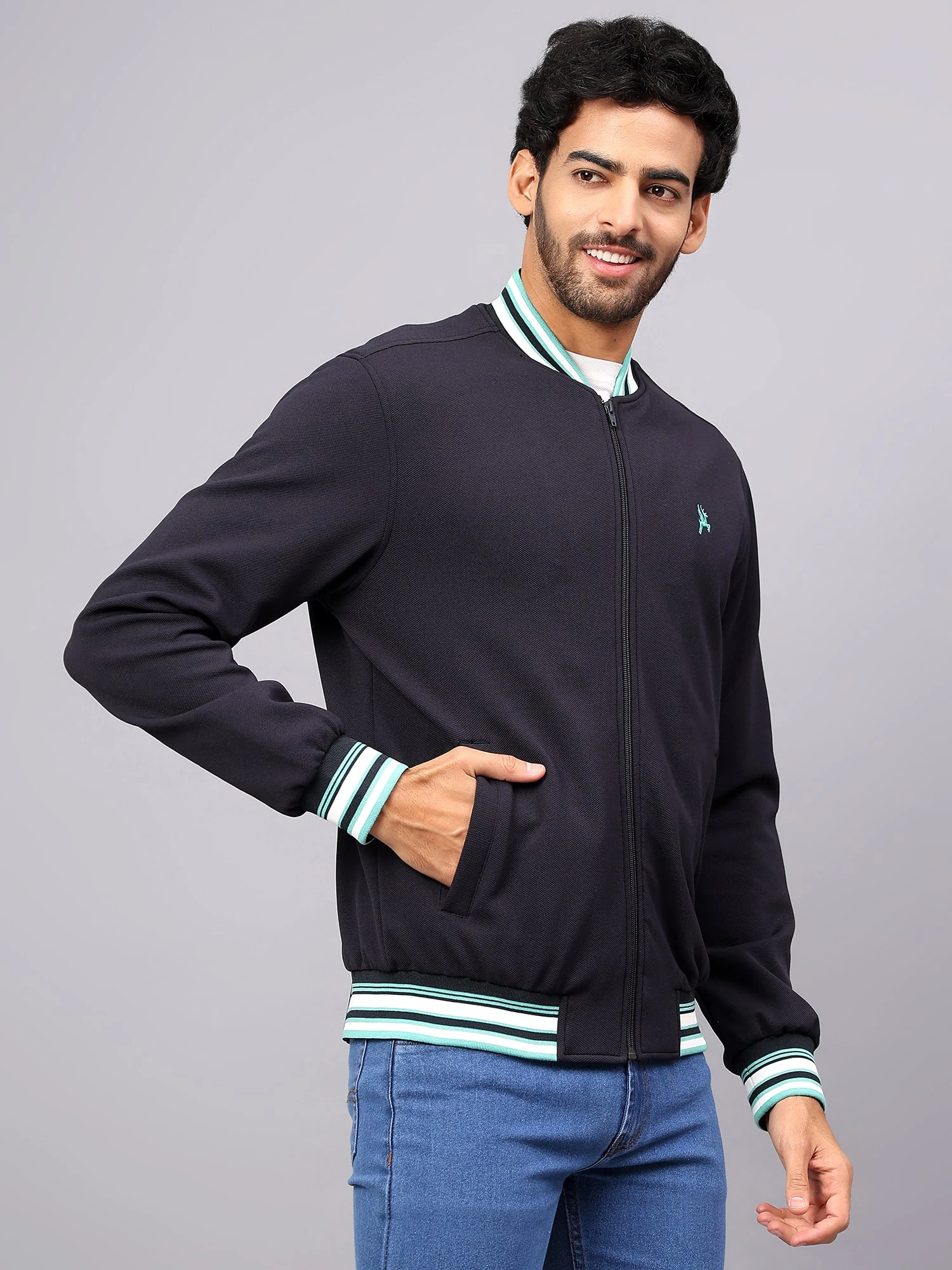 Men's Navy Blue Bomber Jacket Shiv Naresh
