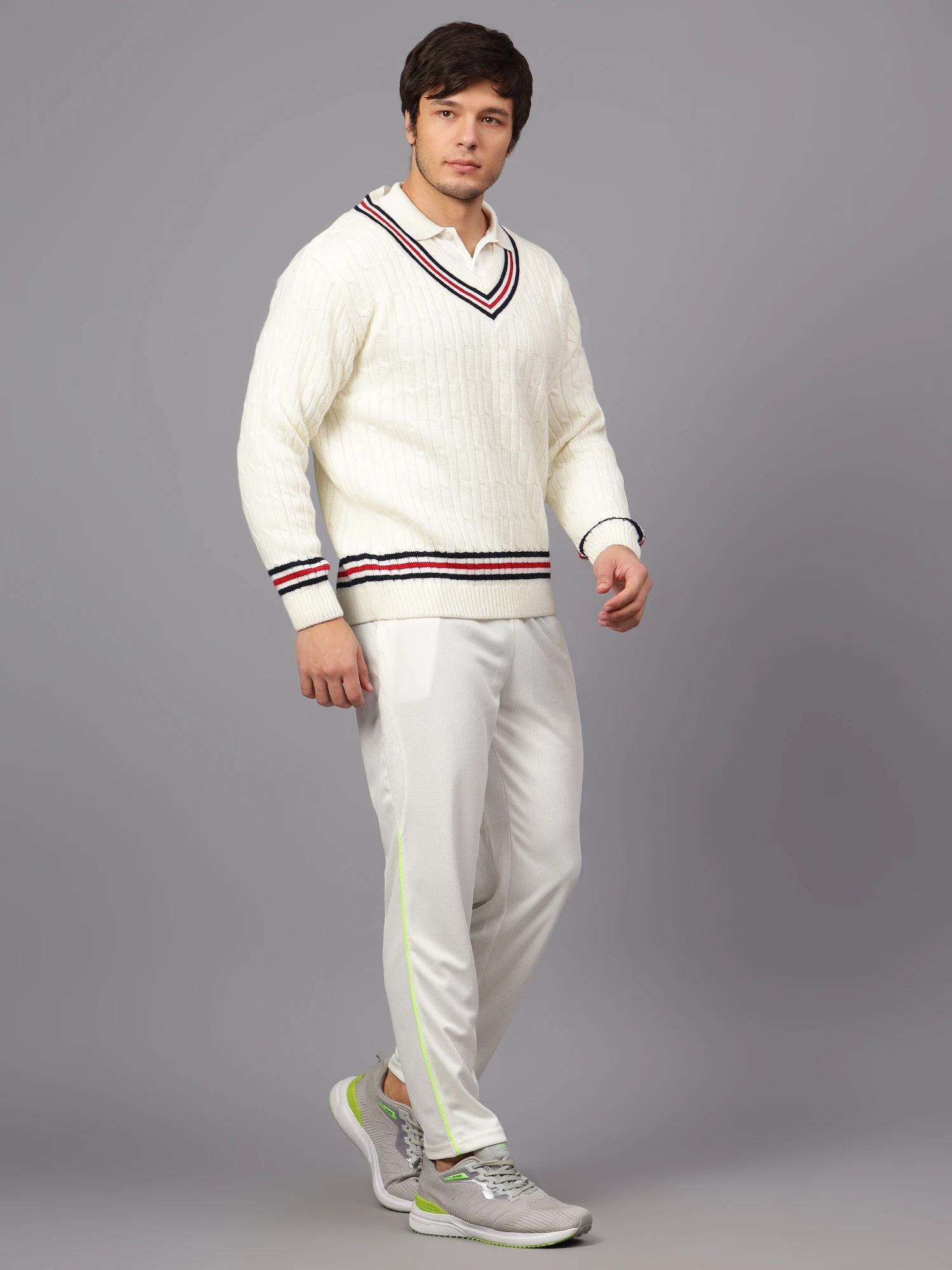 Off White Full Sleeve Cricket Sweater for Men