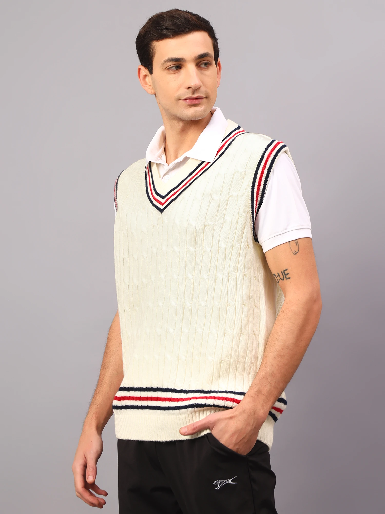 Off White Half Sleeve Cricket Sweater for Men