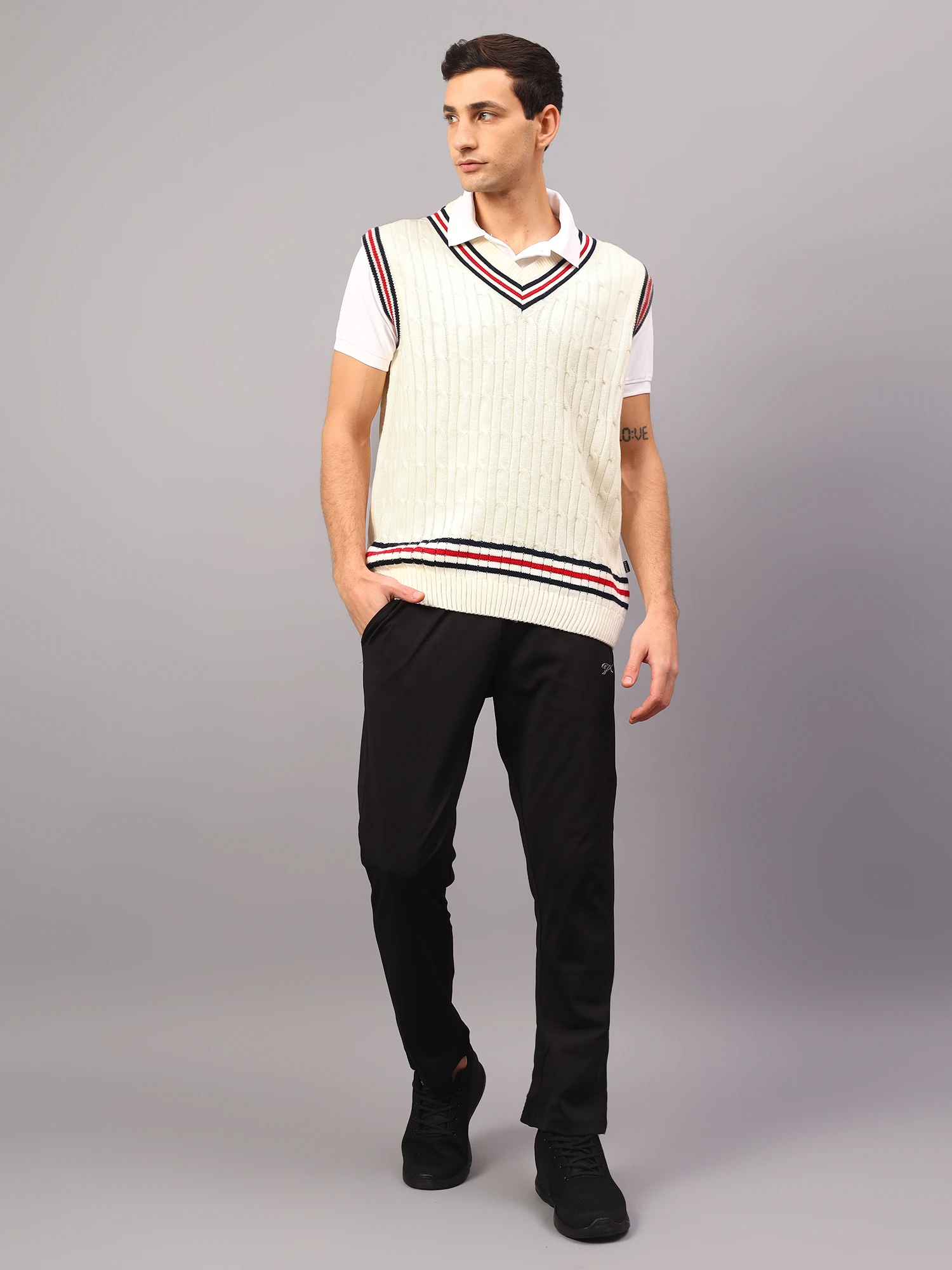 Off White Half Sleeve Cricket Sweater for Men