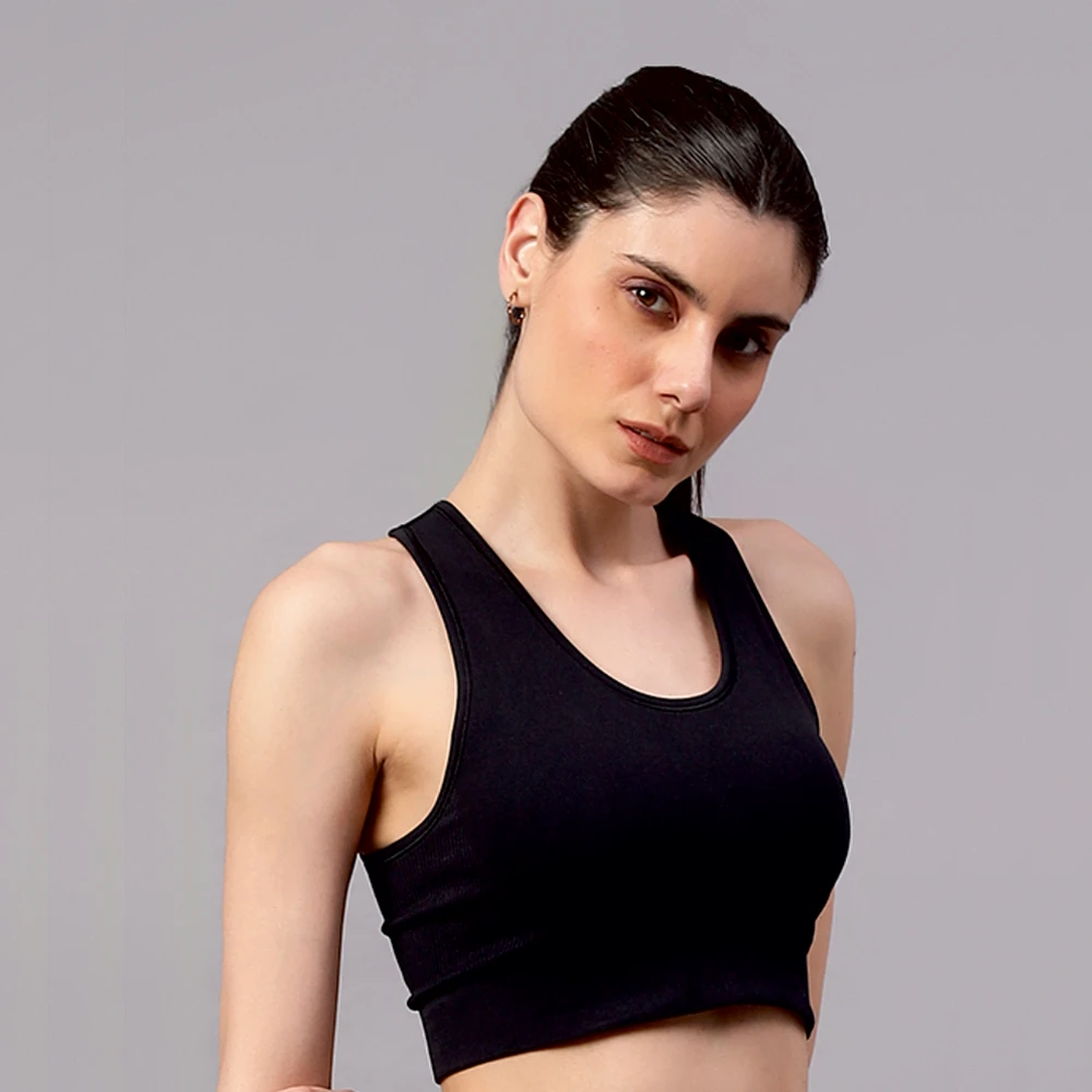 Black high impact seamless gym sports bra for women