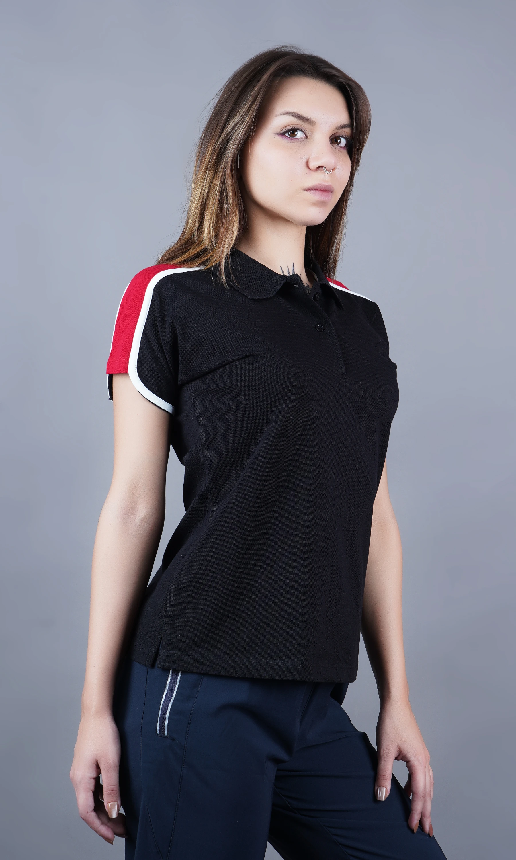 Black solid polo t-shirt for women by Shiv Naresh