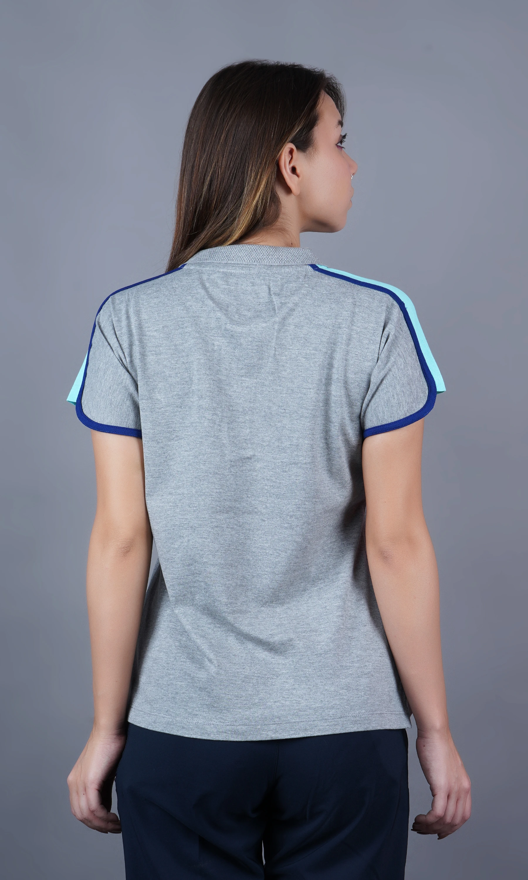 Grey solid polo t-shirt for women by Shiv Naresh