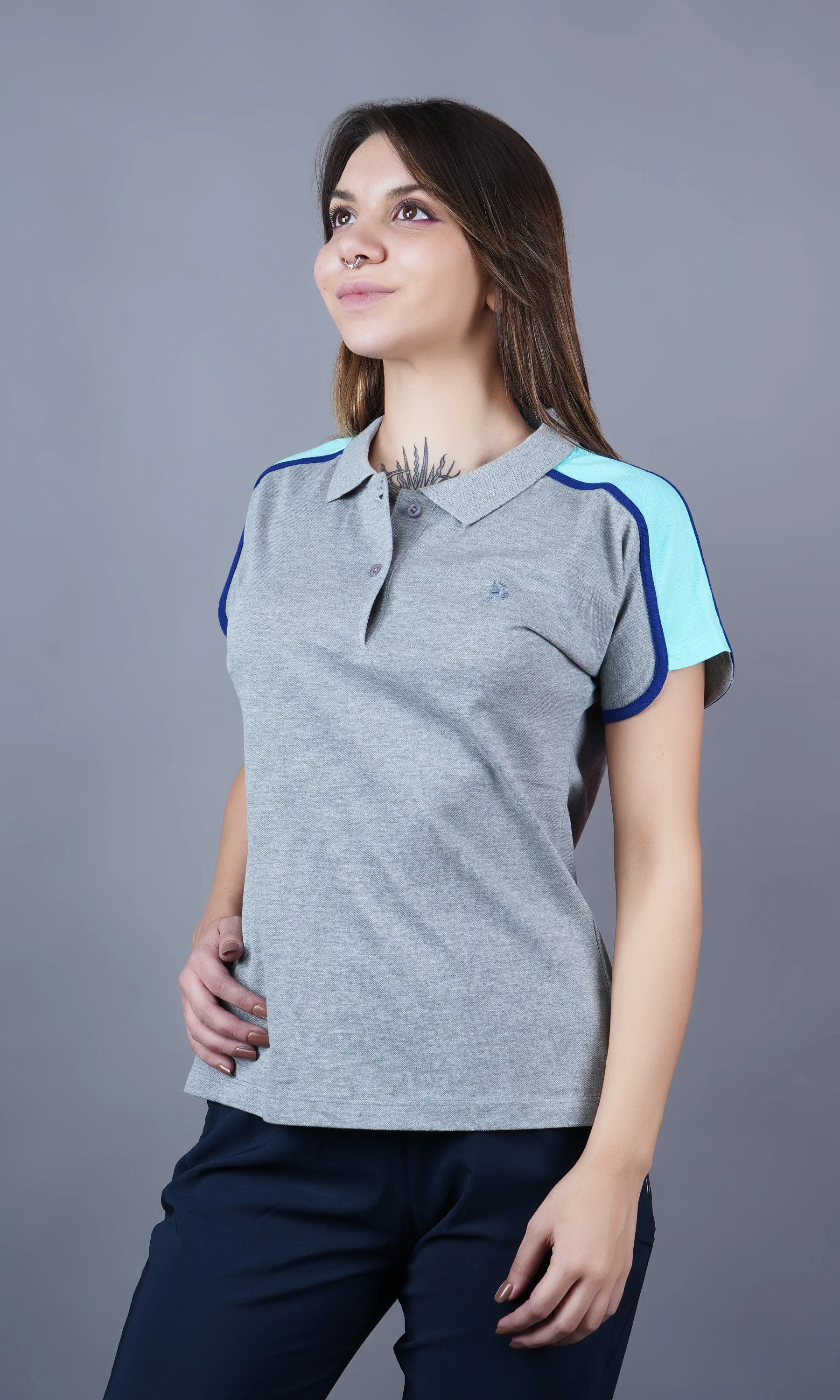 Grey solid polo t-shirt for women by Shiv Naresh