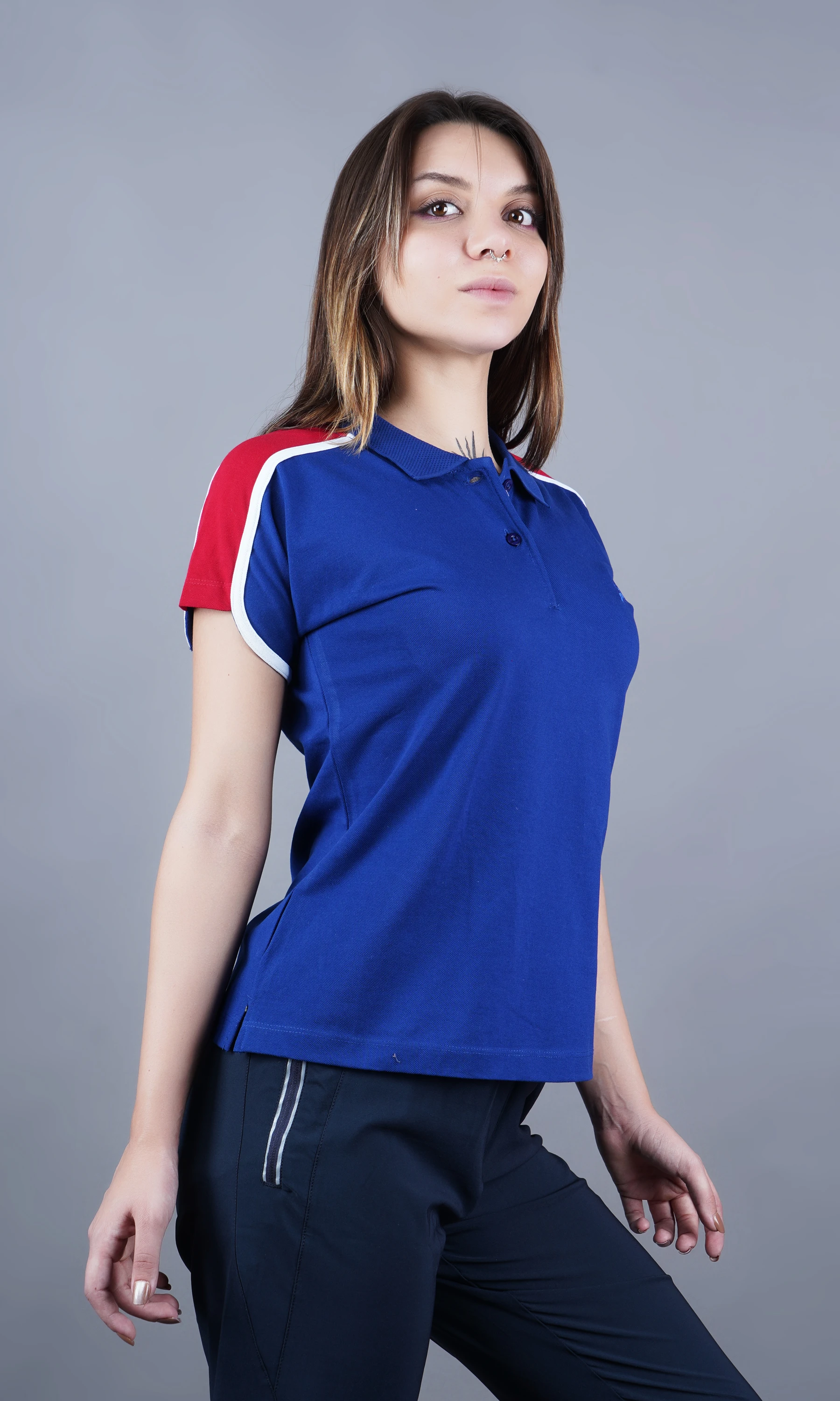 Blue solid polo t-shirt for women by Shiv Naresh