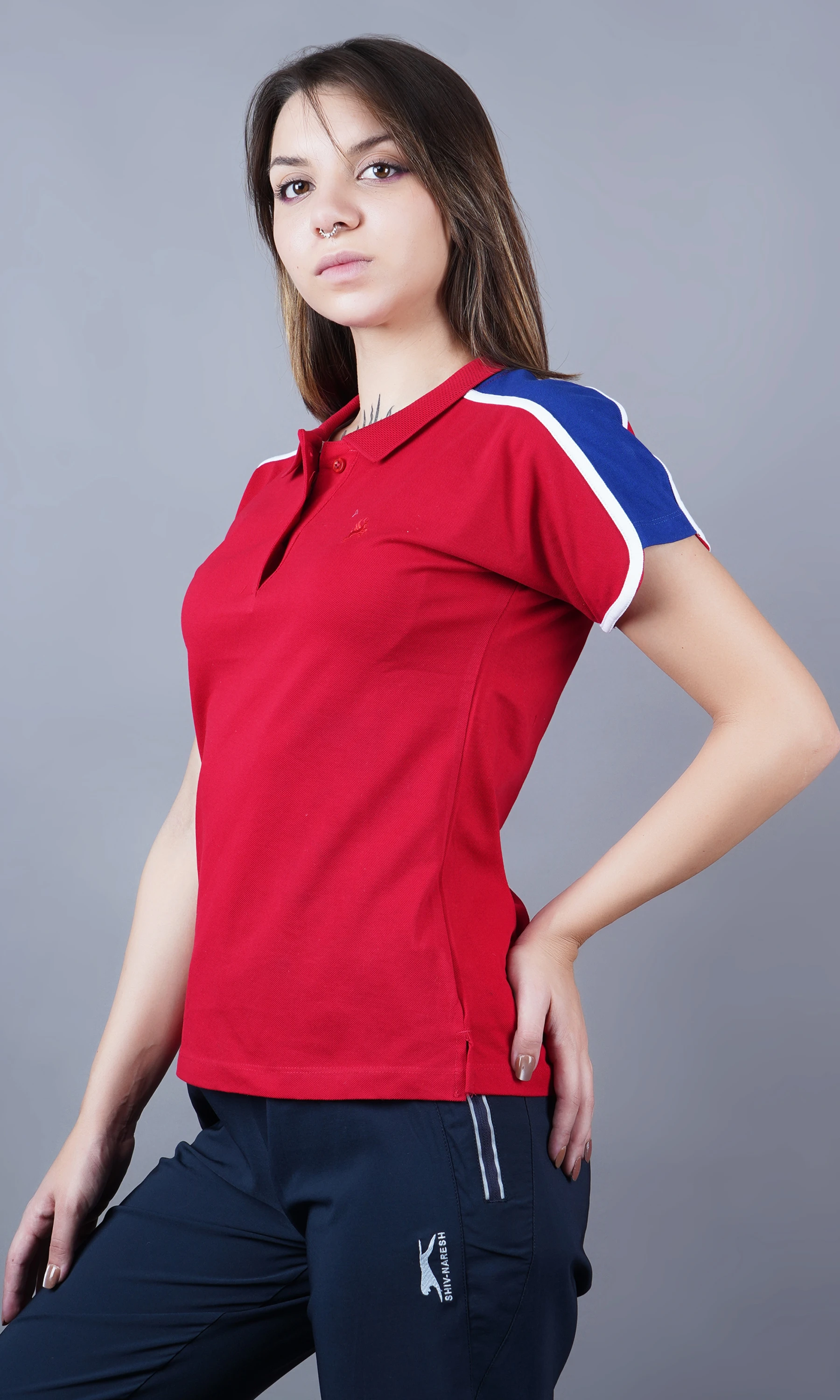 Red solid polo t-shirt for women by Shiv Naresh
