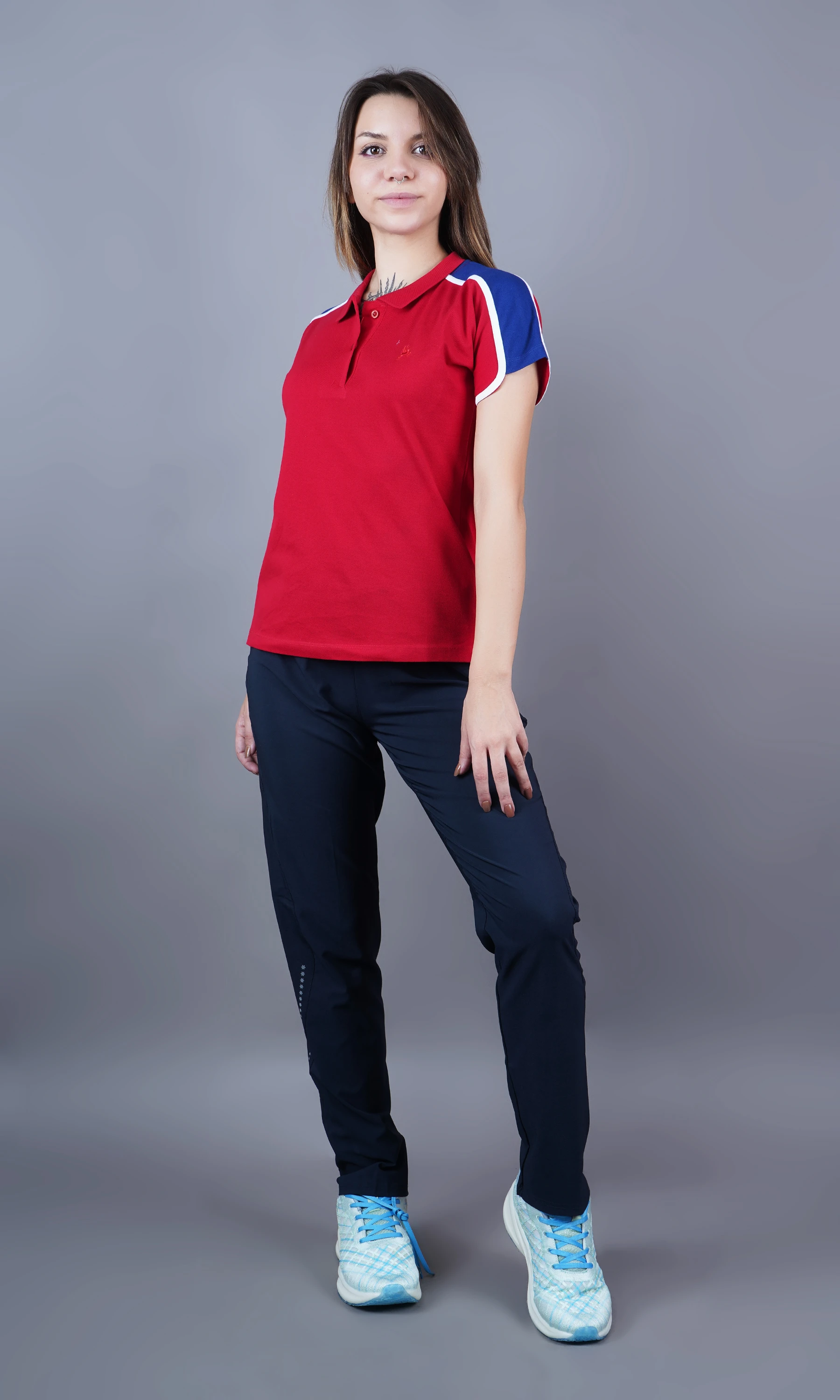 Red solid polo t-shirt for women by Shiv Naresh