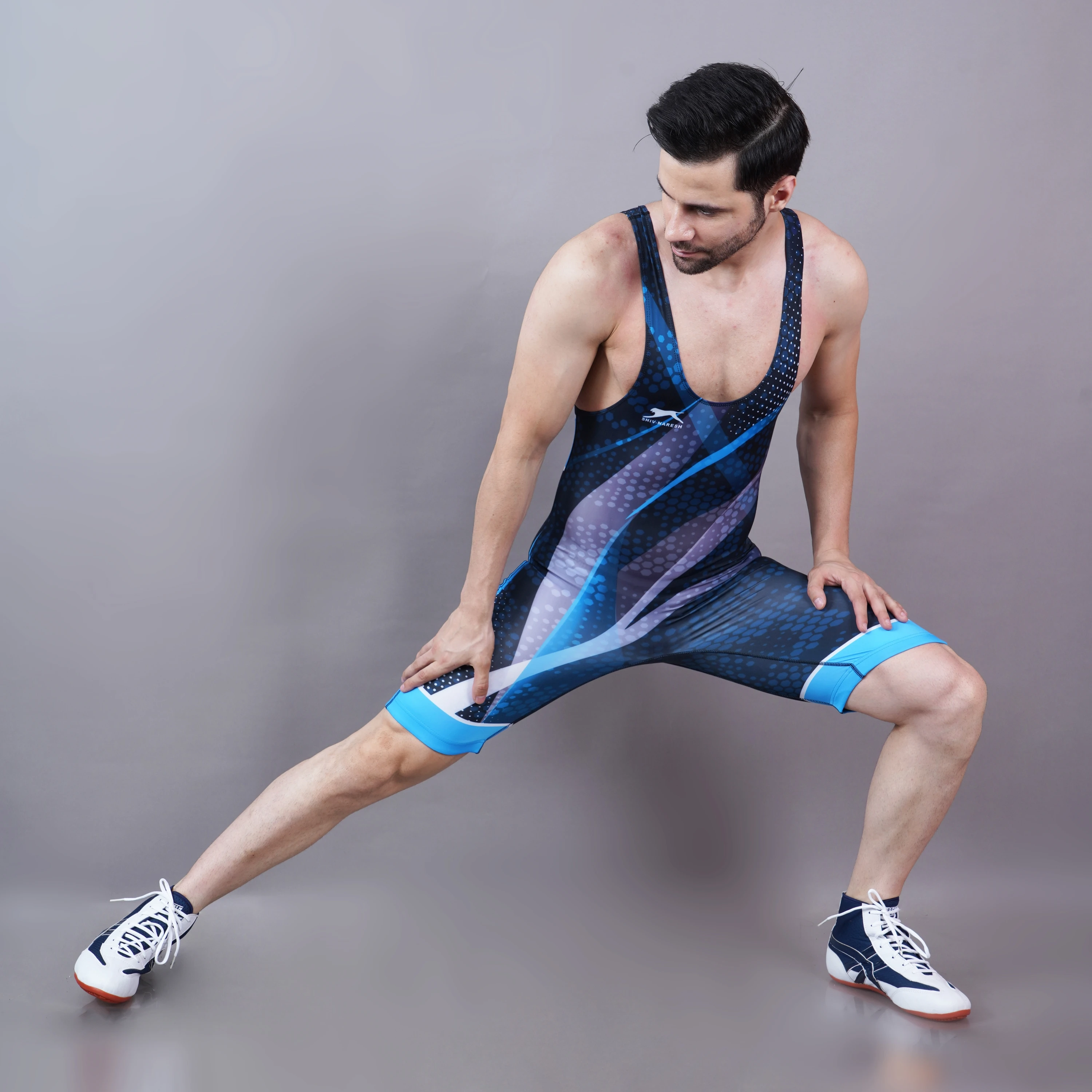 Sublimated wrestling singlet Navy & Cyan Blue for men