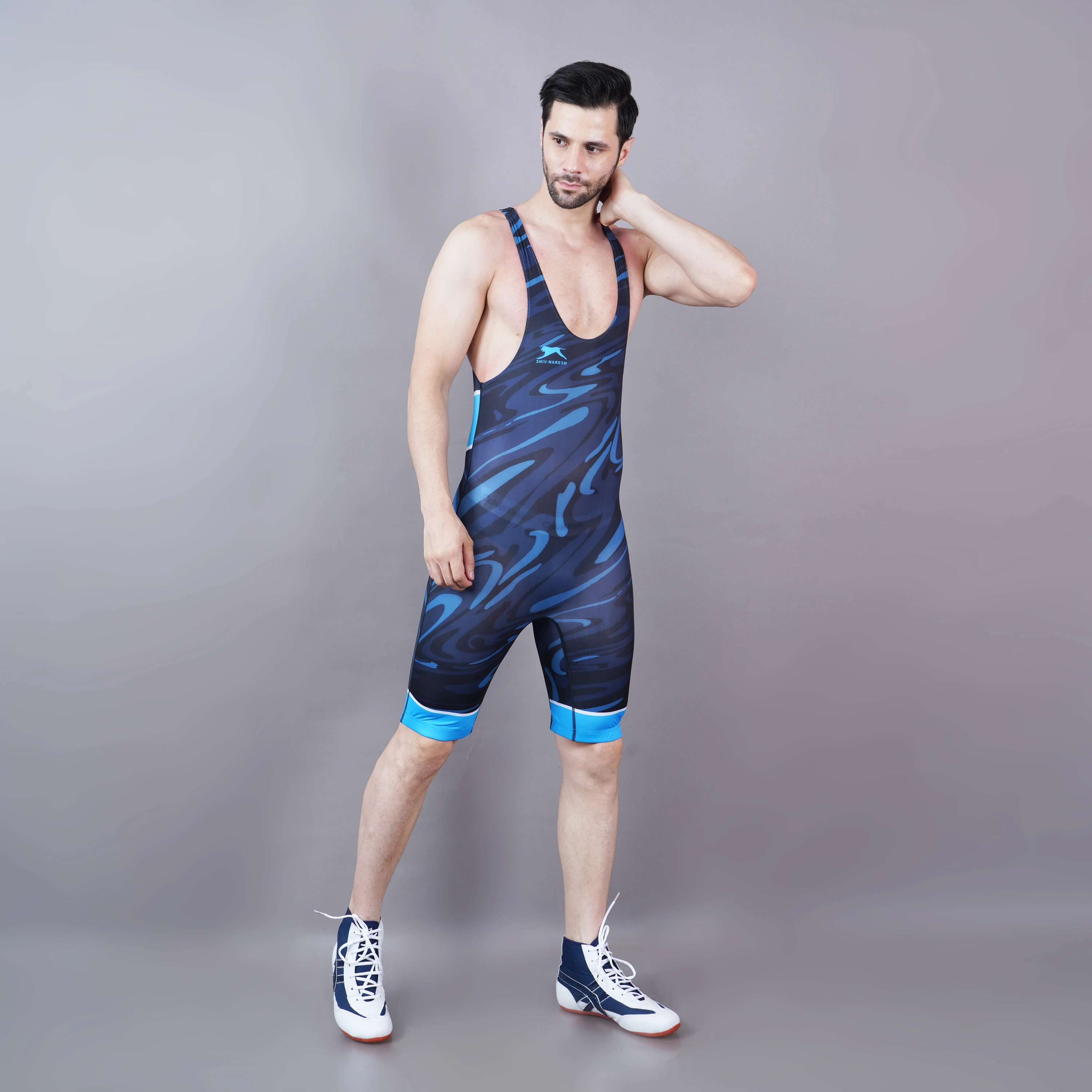 Sublimated wrestling singlet in navy and cyan blue for men