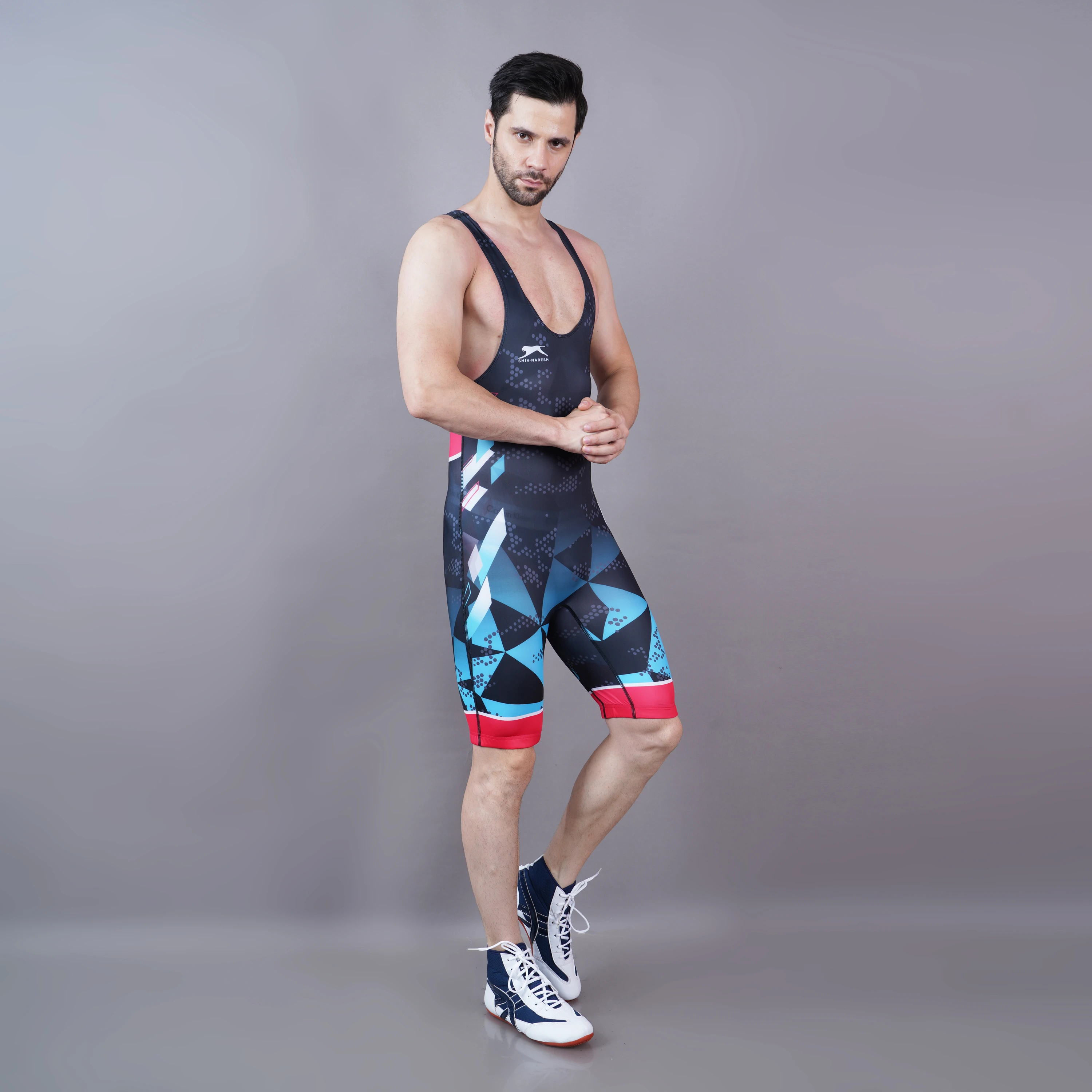 wrestling singlet in black, green, and white for men