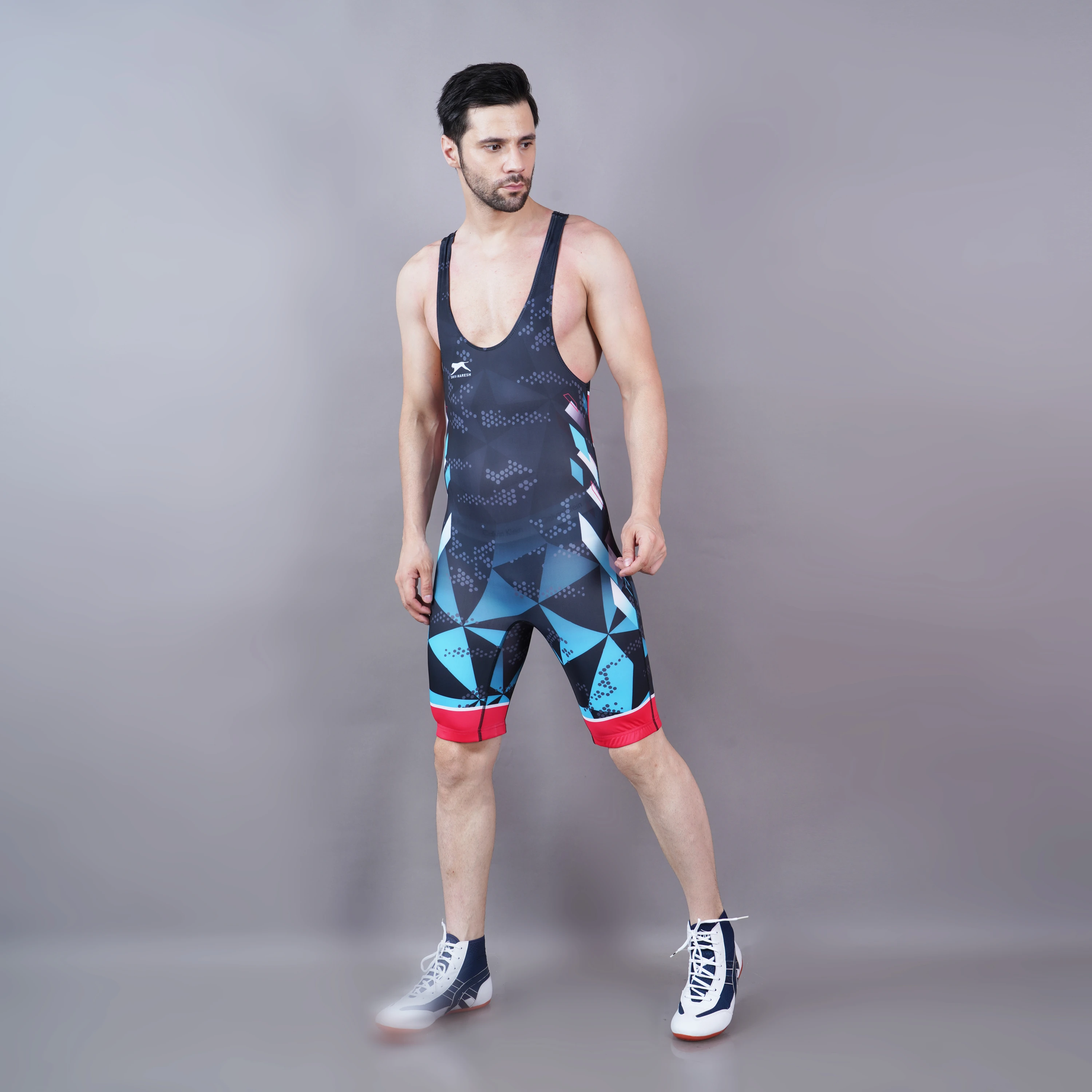 wrestling singlet in black, green, and white for men