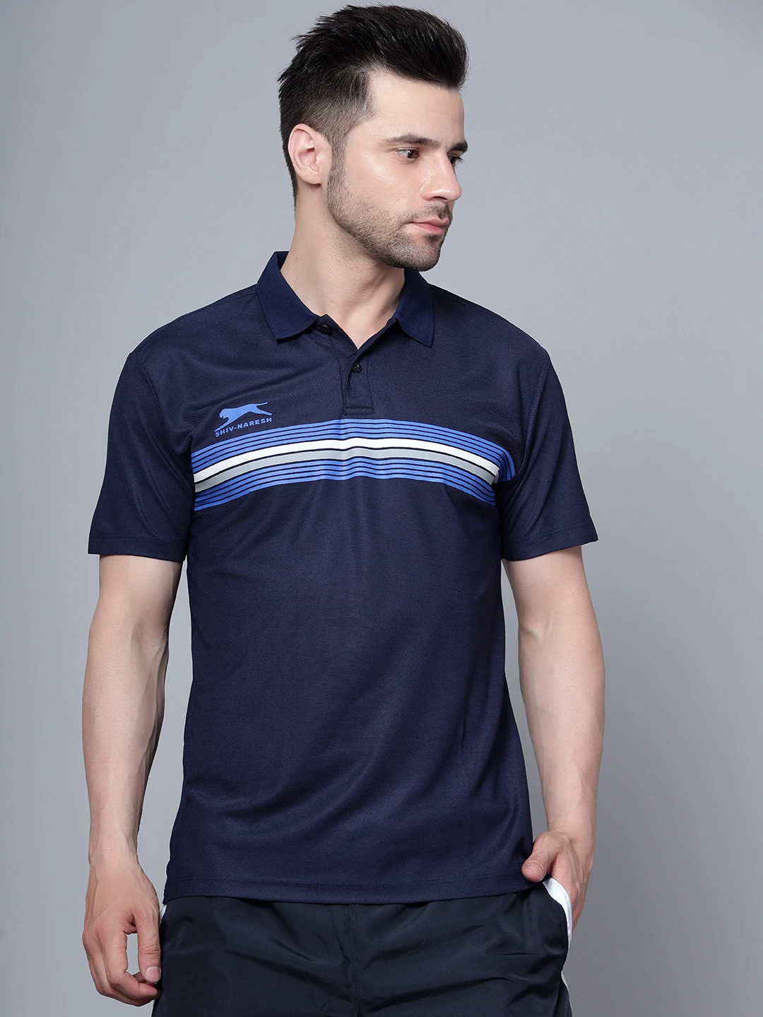 Men’s Navy Blue Cotton Polo T-Shirt – Nautical Collar by Shiv Naresh