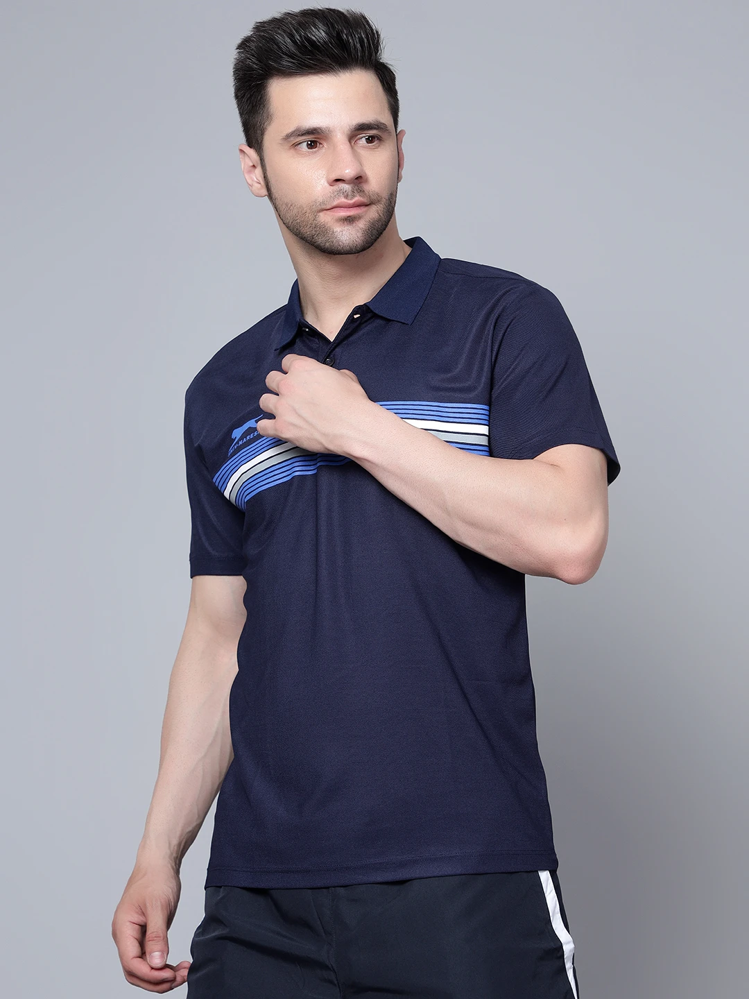 Men’s Navy Blue Cotton Polo T-Shirt – Nautical Collar by Shiv Naresh